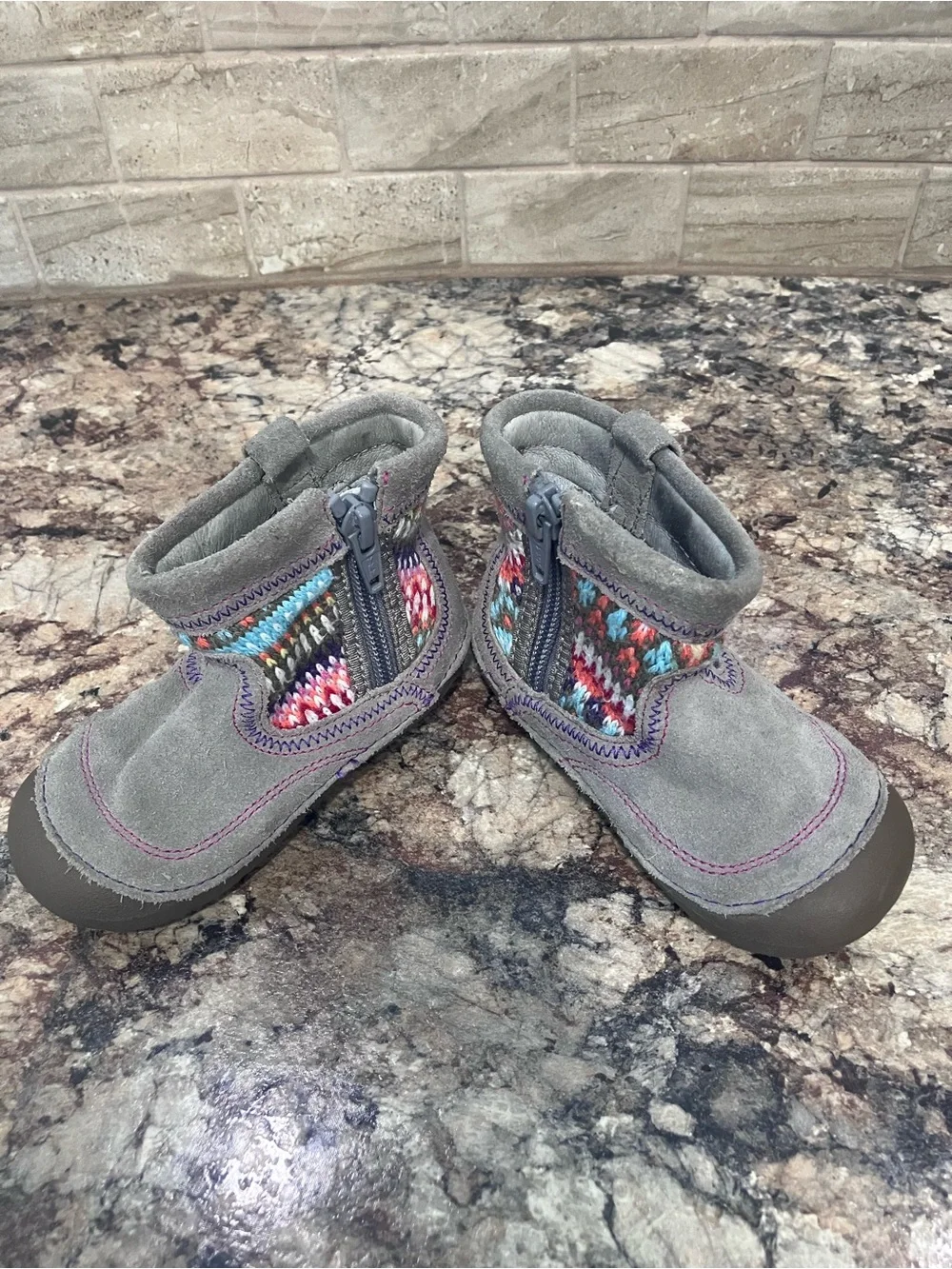 Stride Rite Gray Suede Baby Ankle Boots with Multicolored Knit Cuff